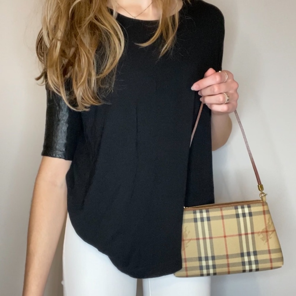 Club Monaco Black Leather Sleeve Crew Neck T-Shirt